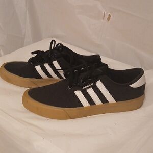 Adidas Men's Black Sneakers with White Stripes and Tan Sole